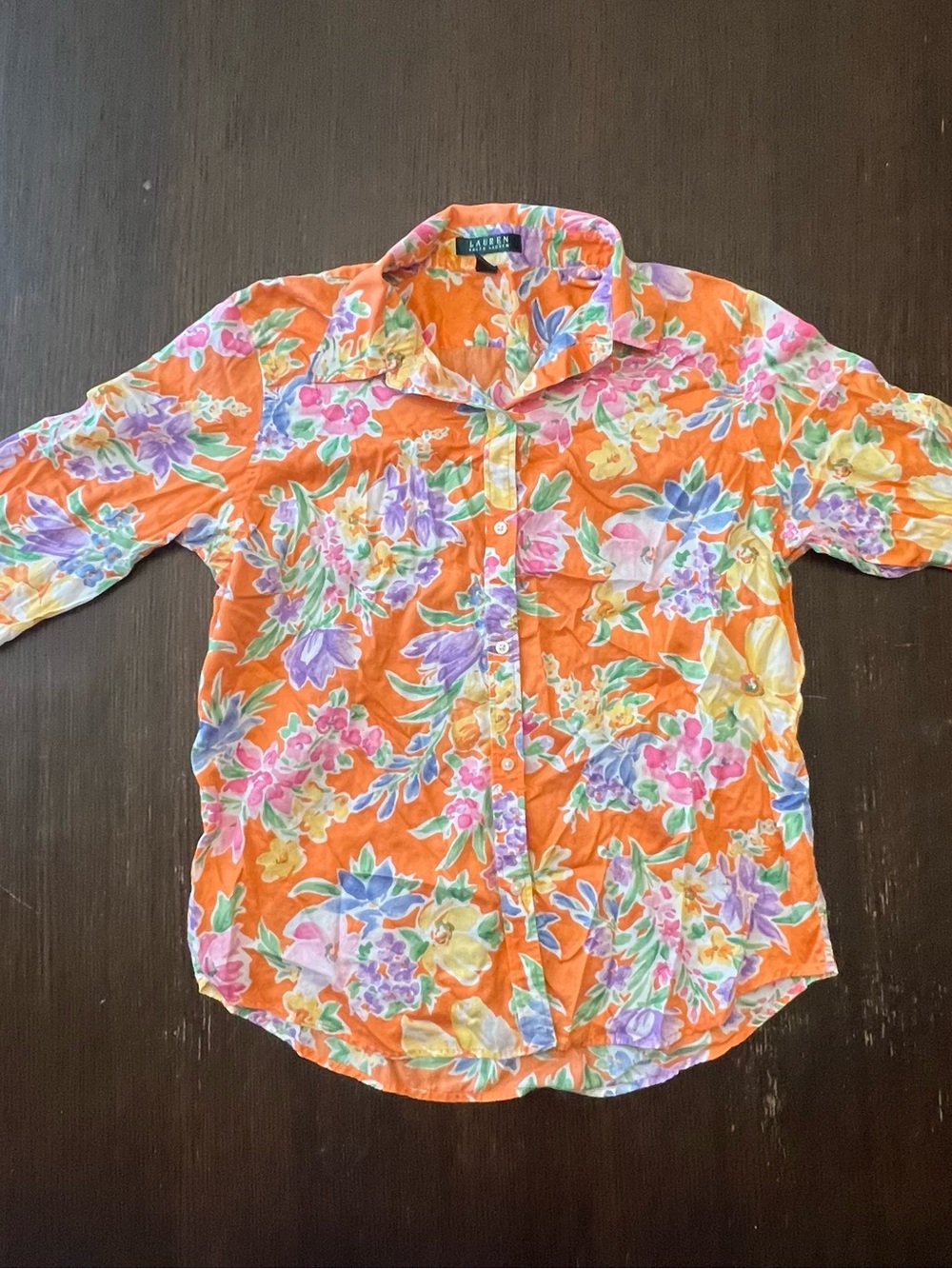 Lauren Ralph Lauren Orange Floral Cotton Button Up Shirt Large